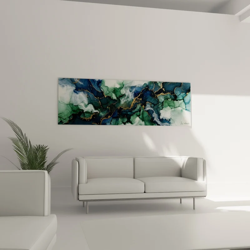 Tableau Marbrures bleu marine et vert émeraude dorées - Courants profonds - Edition abstrait moderne