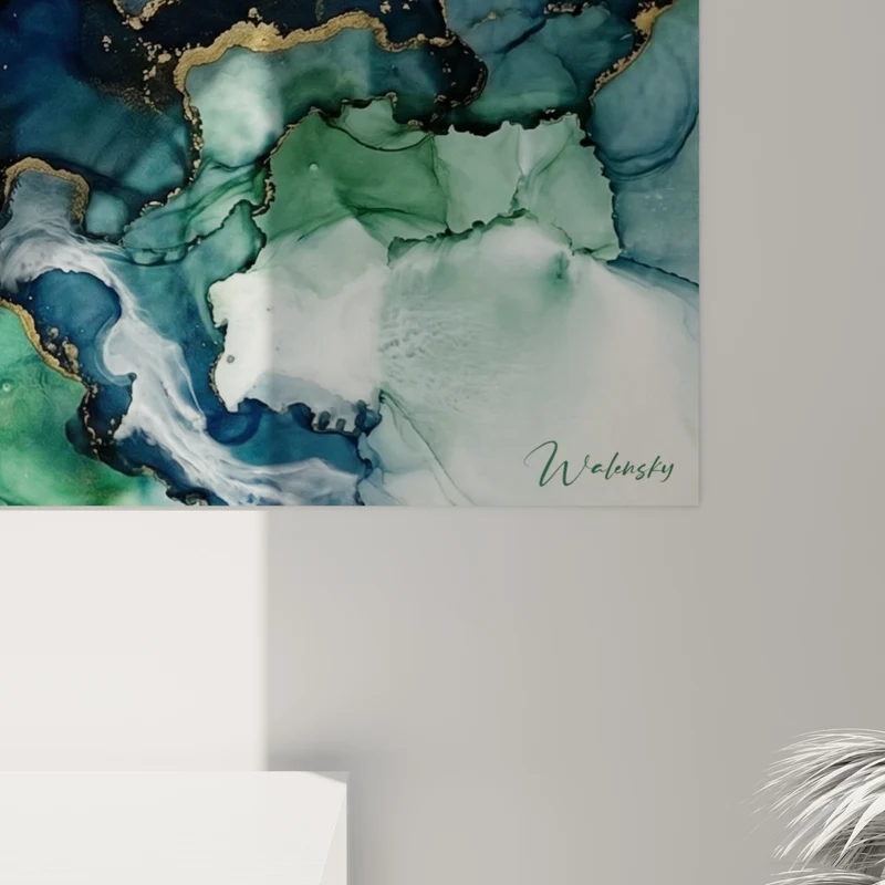 Tableau Marbrures bleu marine et vert émeraude dorées - Courants profonds - Edition abstrait moderne