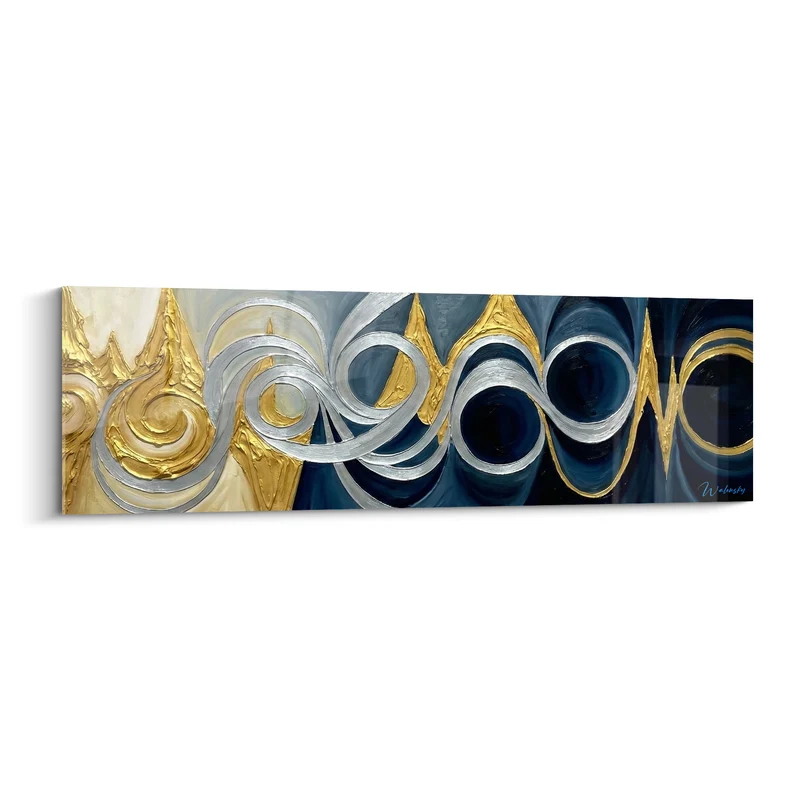Tableau Vagues spiralées bleu marine et doré - Marée dorée - Edition abstrait moderne