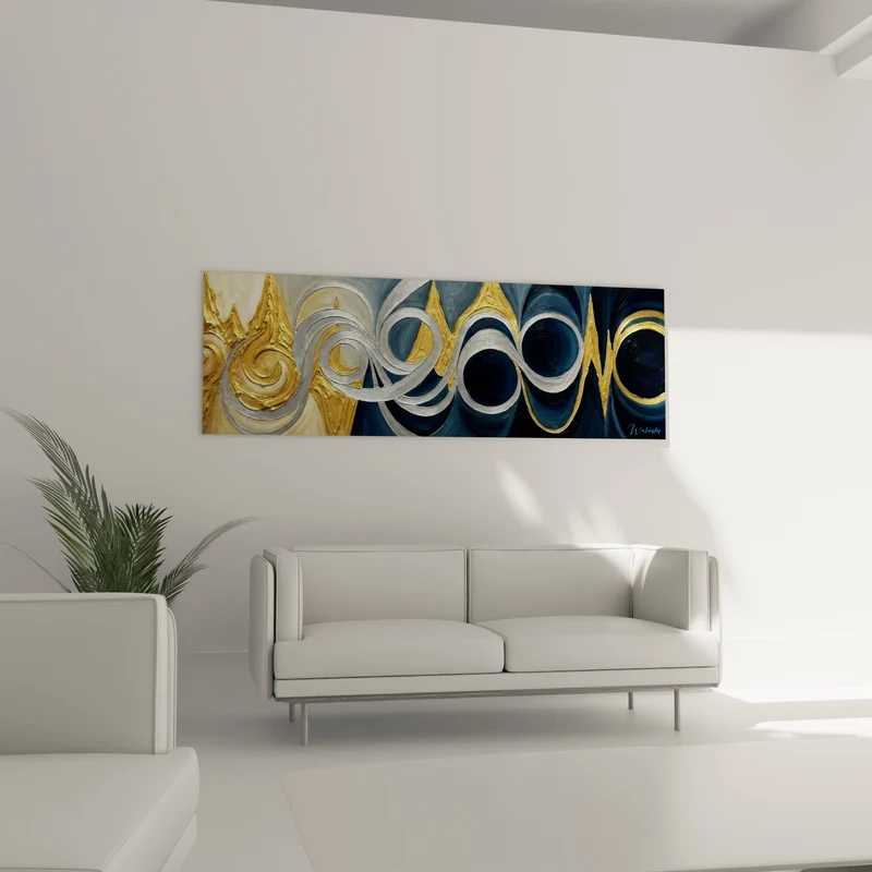 Tableau Vagues spiralées bleu marine et doré - Marée dorée - Edition abstrait moderne