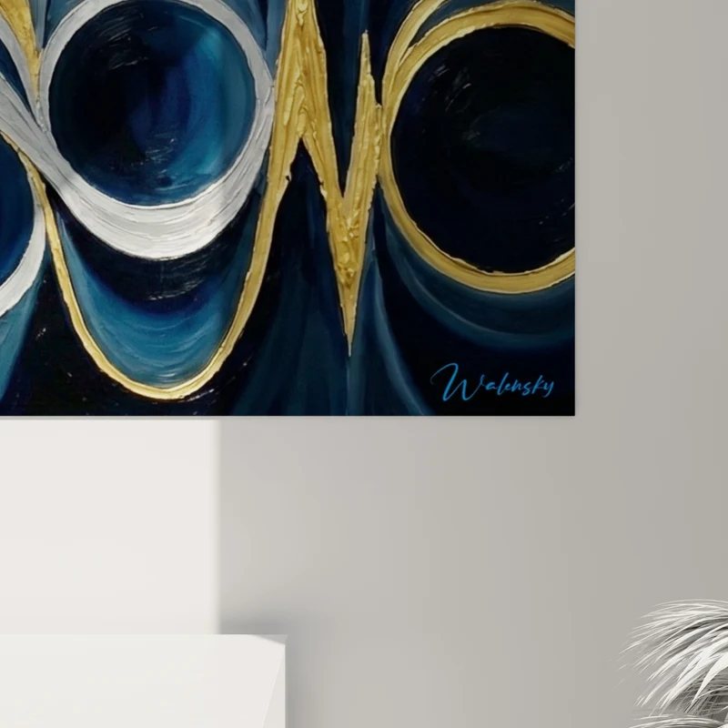 Tableau Vagues spiralées bleu marine et doré - Marée dorée - Edition abstrait moderne
