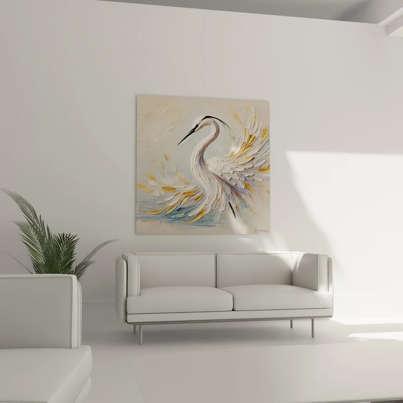 Tableau Héron blanc aux ailes dorées déployées - Envol gracieux - Edition Héron