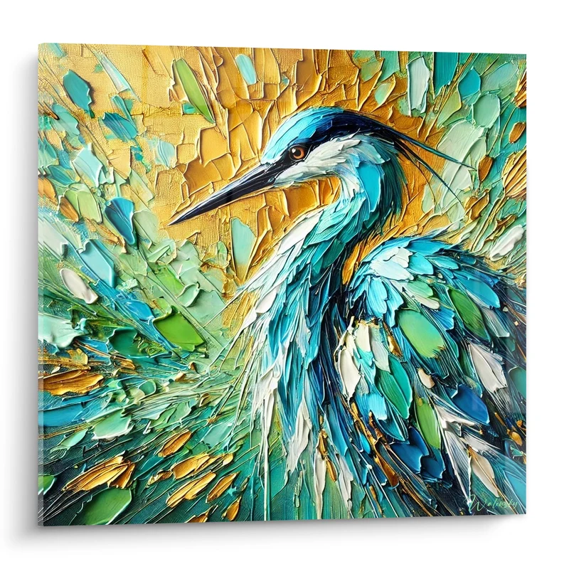 Tableau Héron bleu turquoise fond doré texturé - Veille dorée - Edition Héron