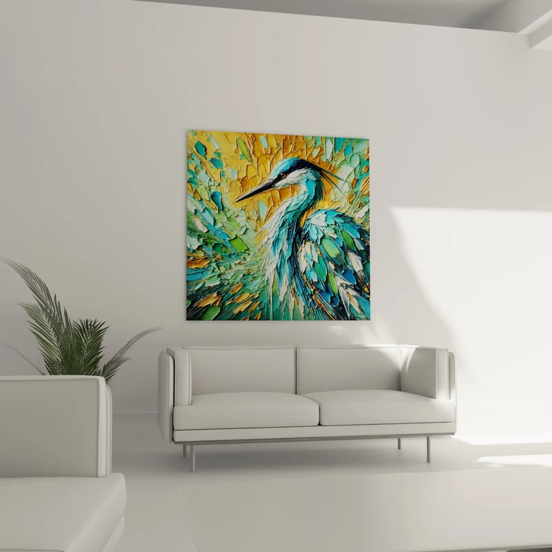 Tableau Héron bleu turquoise fond doré texturé - Veille dorée - Edition Héron