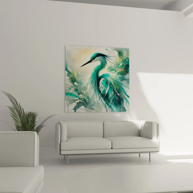 Tableau Héron turquoise et blanc aux plumes fines - Souffle aquatique - Edition Héron