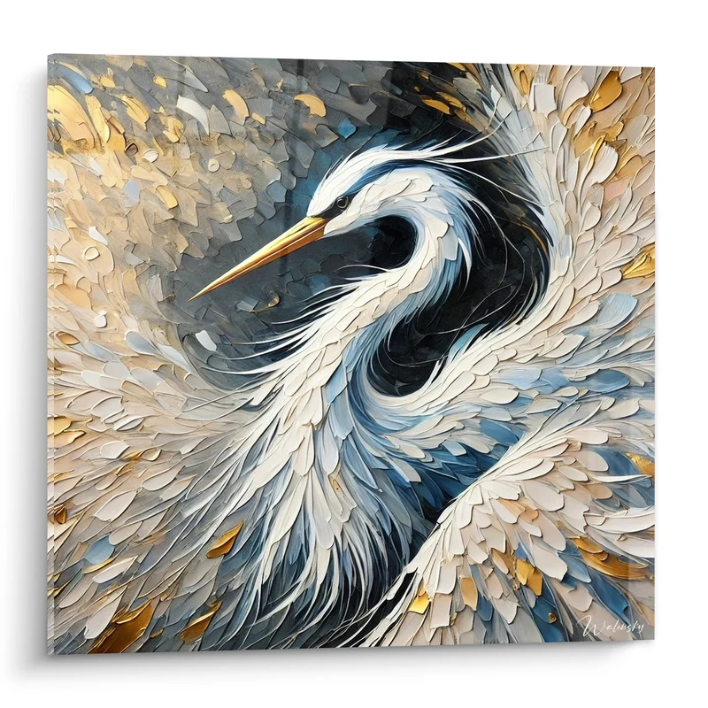 Tableau Héron col replié plumes doré et anthracite - Grâce enroulée - Edition Héron