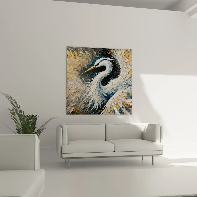 Tableau Héron col replié plumes doré et anthracite - Grâce enroulée - Edition Héron