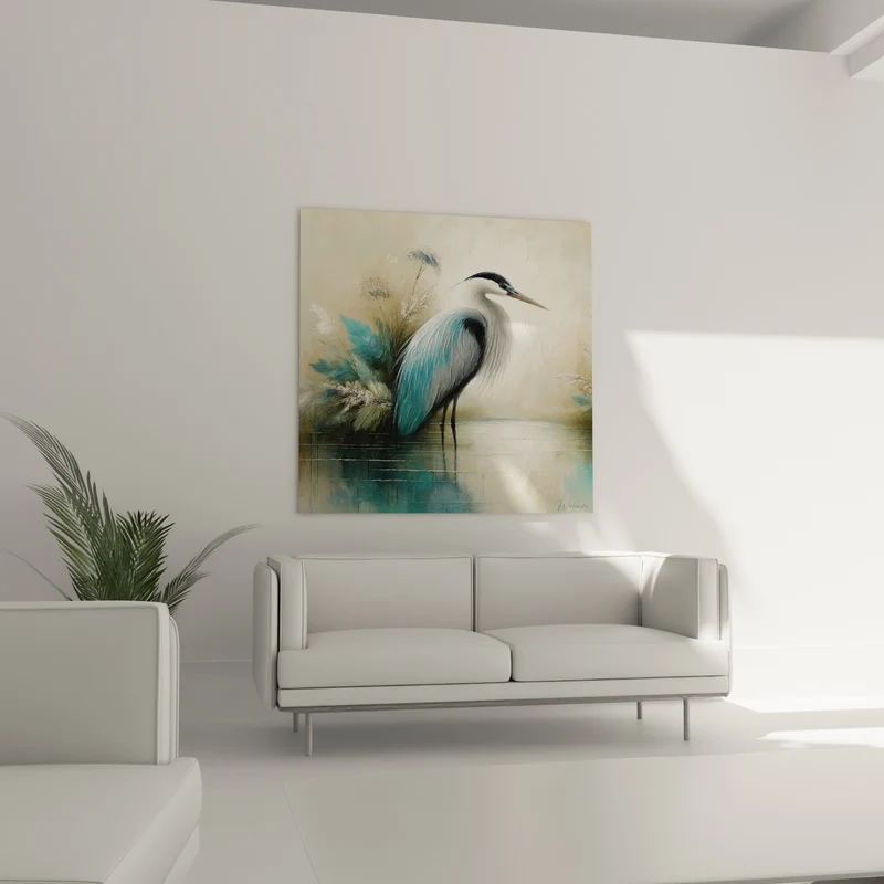 Tableau Héron bleu sarcelle et beige immobile - Guet silencieux - Edition Héron