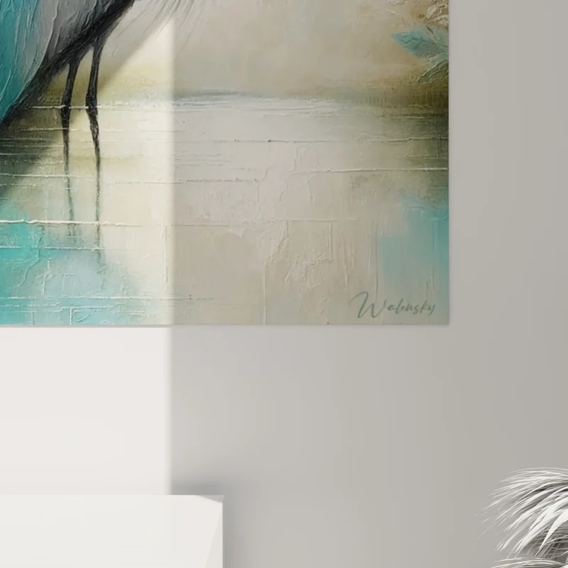 Tableau Héron bleu sarcelle et beige immobile - Guet silencieux - Edition Héron