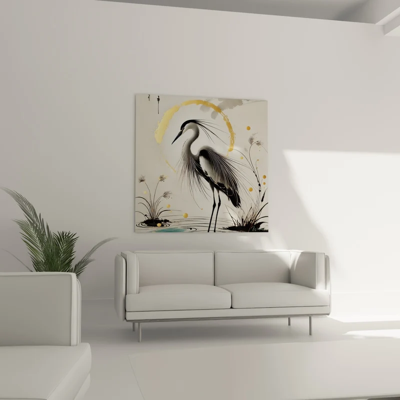 Tableau Héron aux plumes noires et cercle doré - Silence sur l'étang - Edition Héron