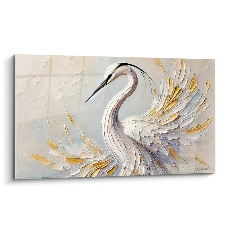 Tableau Héron blanc et doré au long cou - Envol figé - Edition Héron