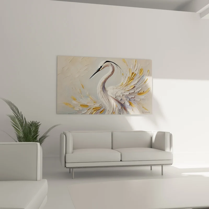 Tableau Héron blanc et doré au long cou - Envol figé - Edition Héron