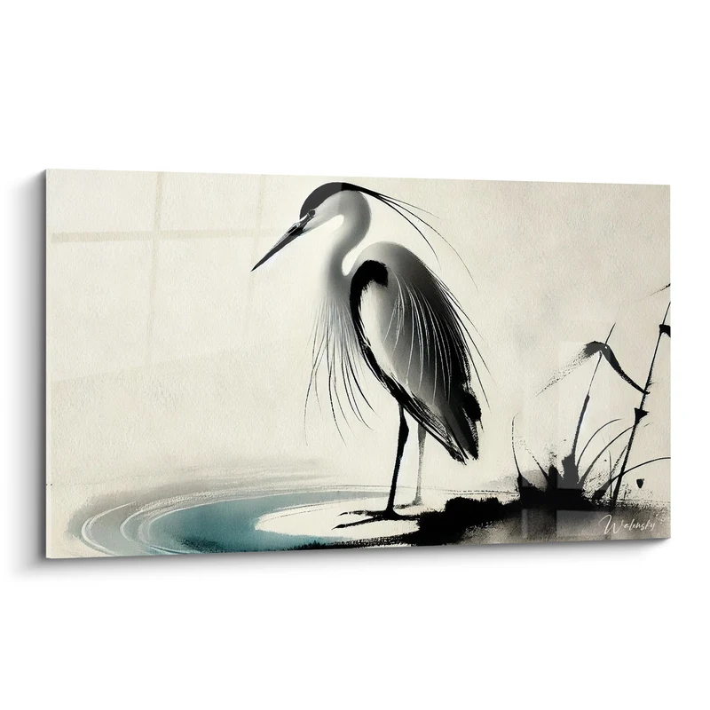 Tableau Héron noir et blanc au bord de l'eau - Veille silencieuse - Edition Héron