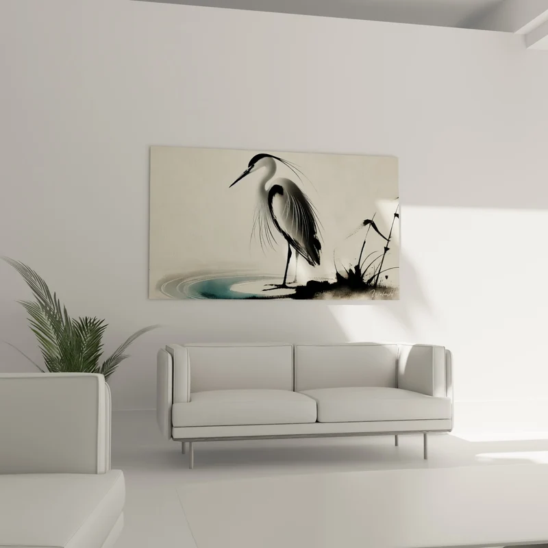 Tableau Héron noir et blanc au bord de l'eau - Veille silencieuse - Edition Héron
