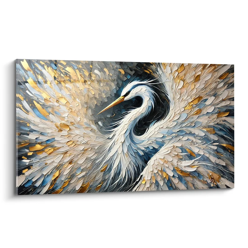 Tableau Héron cou courbé plumes dorées bleutées - Tourbillon de plumes - Edition Héron