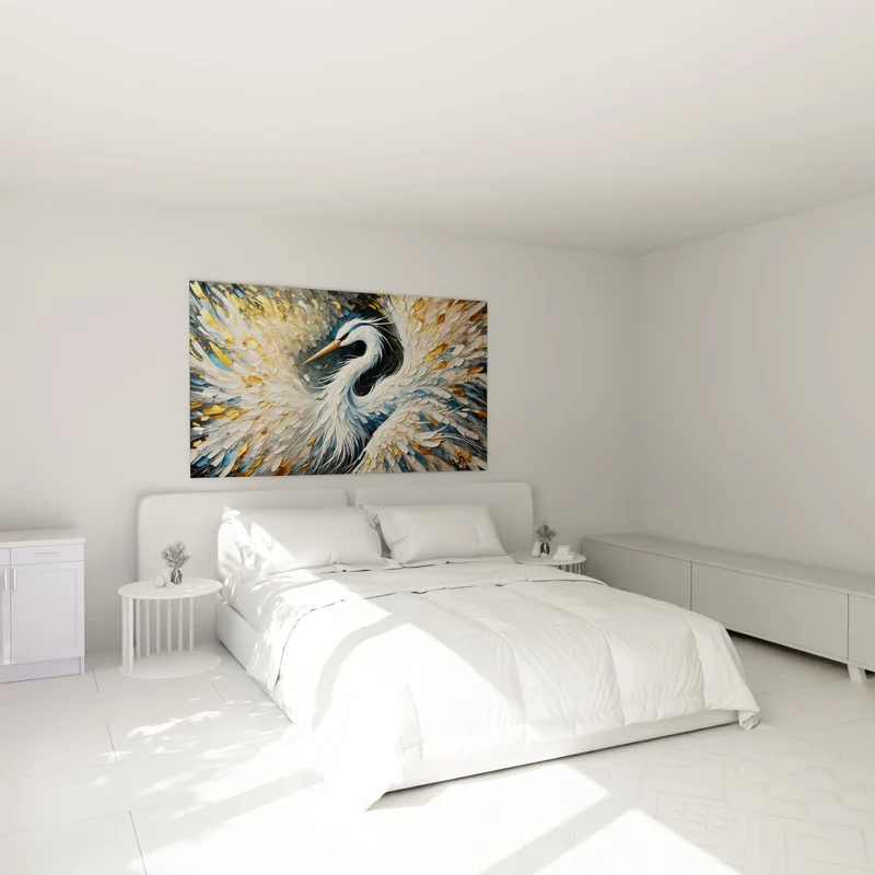Tableau Héron cou courbé plumes dorées bleutées - Tourbillon de plumes - Edition Héron
