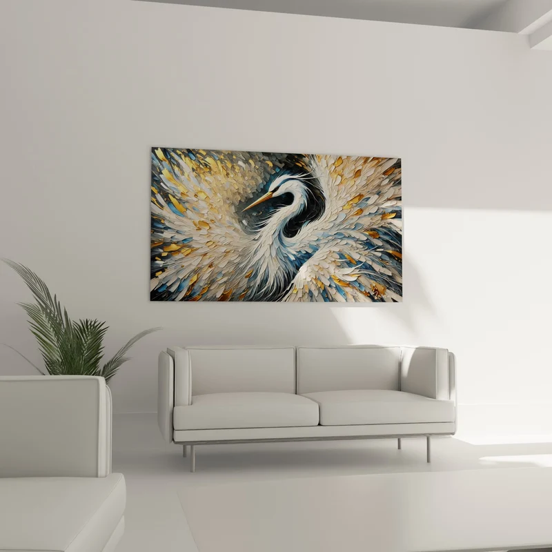 Tableau Héron cou courbé plumes dorées bleutées - Tourbillon de plumes - Edition Héron