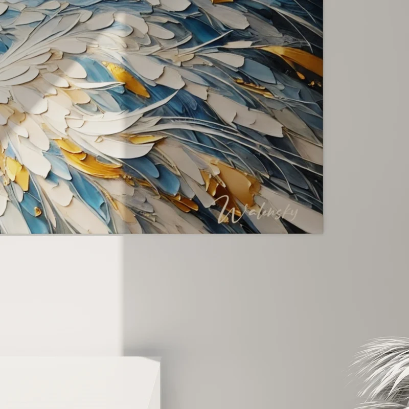Tableau Héron cou courbé plumes dorées bleutées - Tourbillon de plumes - Edition Héron