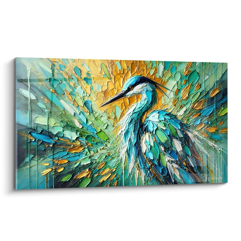 Tableau Héron turquoise et doré aux empâtements - Éveil des marais - Edition Héron