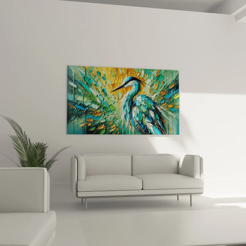 Tableau Héron turquoise et doré aux empâtements - Éveil des marais - Edition Héron