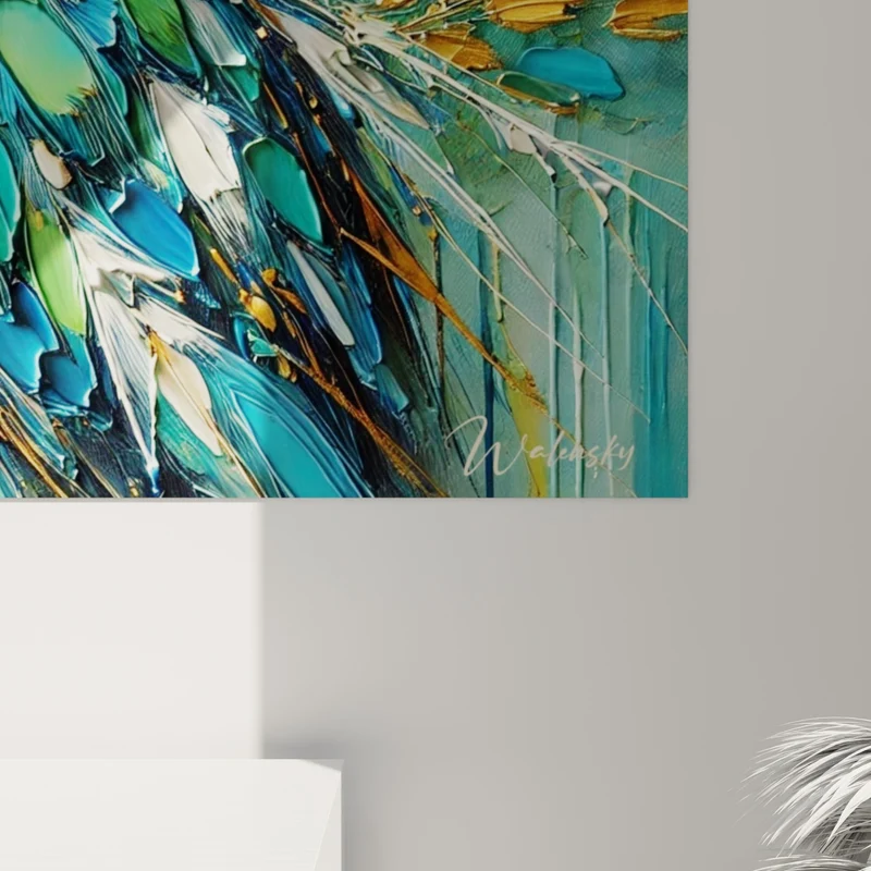Tableau Héron turquoise et doré aux empâtements - Éveil des marais - Edition Héron