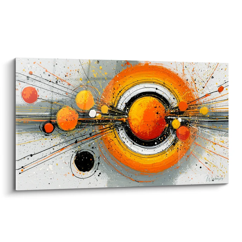 Tableau Cercle orange et noir aux sphères éclatées - Onde de choc - Edition géometrique abstrait