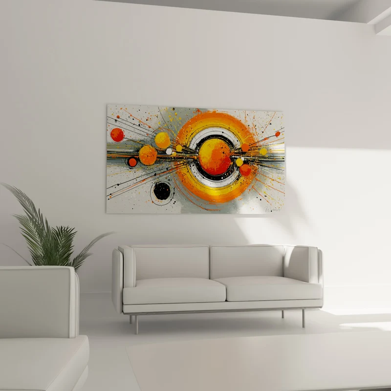 Tableau Cercle orange et noir aux sphères éclatées - Onde de choc - Edition géometrique abstrait
