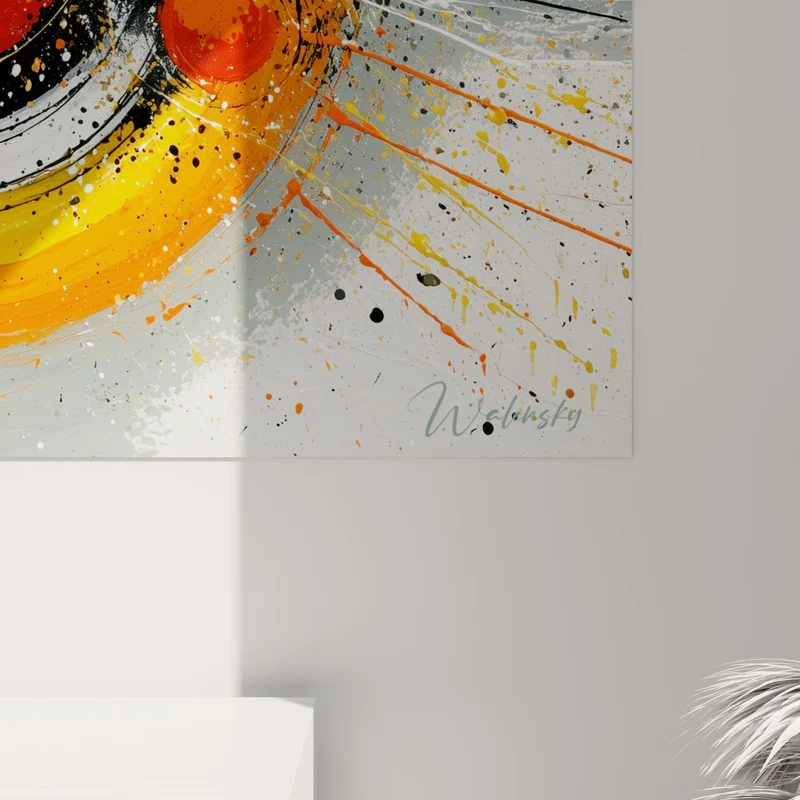 Tableau Cercle orange et noir aux sphères éclatées - Onde de choc - Edition géometrique abstrait