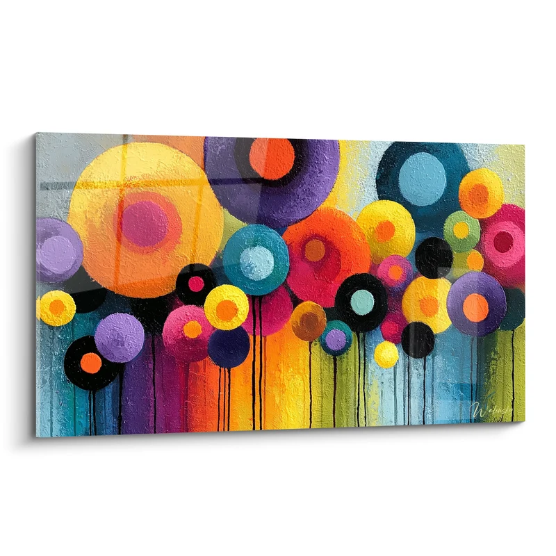 Tableau Cercles jaune et violet aux coulures noires - Ronde festive - Edition géometrique abstrait