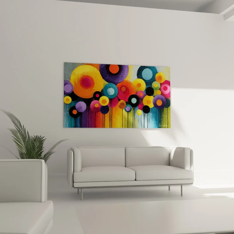 Tableau Cercles jaune et violet aux coulures noires - Ronde festive - Edition géometrique abstrait