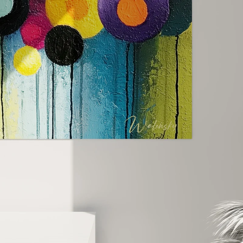 Tableau Cercles jaune et violet aux coulures noires - Ronde festive - Edition géometrique abstrait