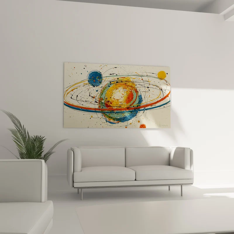 Tableau Planète orbites dorées et bleues éclaboussées - Naissance cosmique - Edition géometrique abstrait