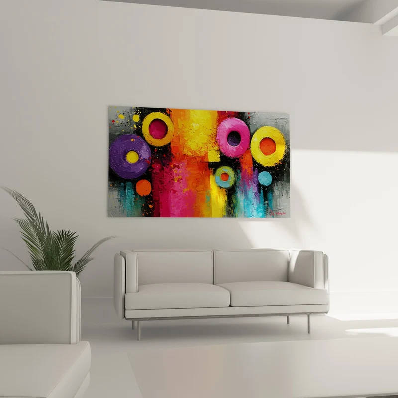 Tableau Cercles colorés aux coulures noires - Éveil des sens - Edition géometrique abstrait