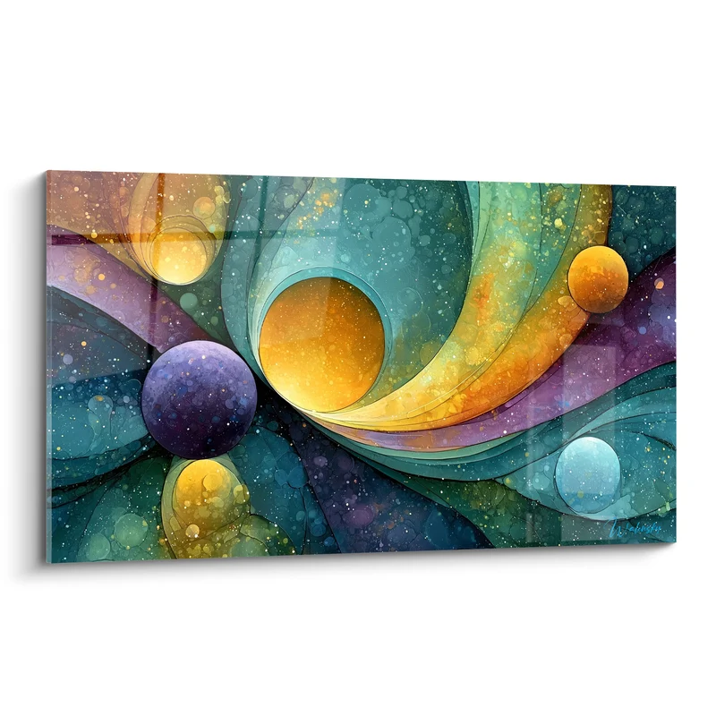 Tableau Spirale cosmique dorée et turquoise - Naissance stellaire - Edition géometrique abstrait