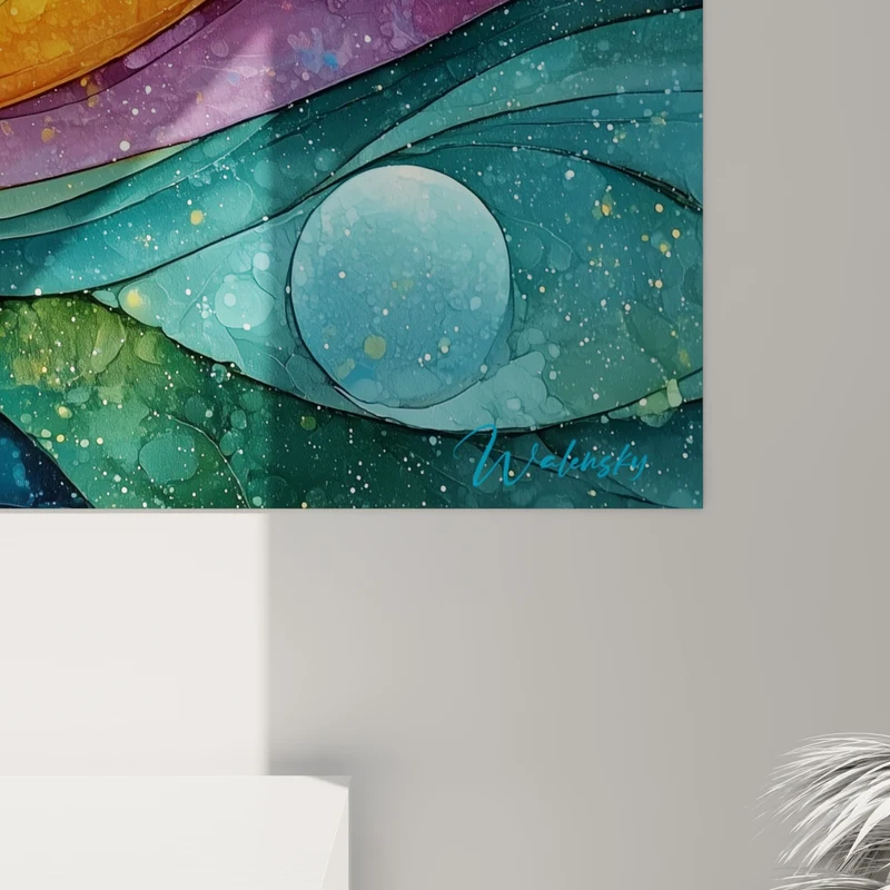 Tableau Spirale cosmique dorée et turquoise - Naissance stellaire - Edition géometrique abstrait