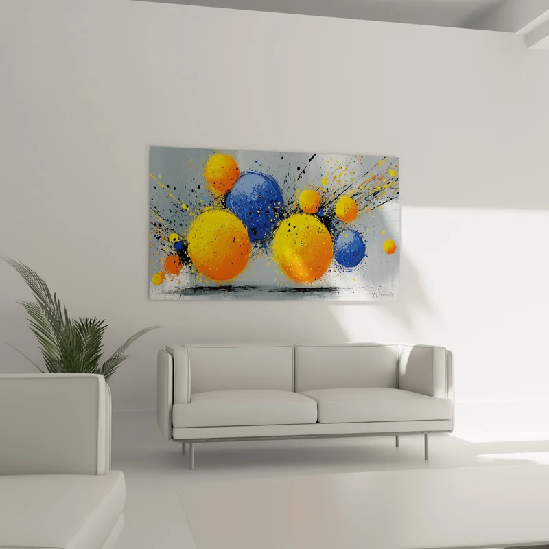 Tableau Sphères orange et bleues éclaboussées - Collision céleste - Edition géometrique abstrait