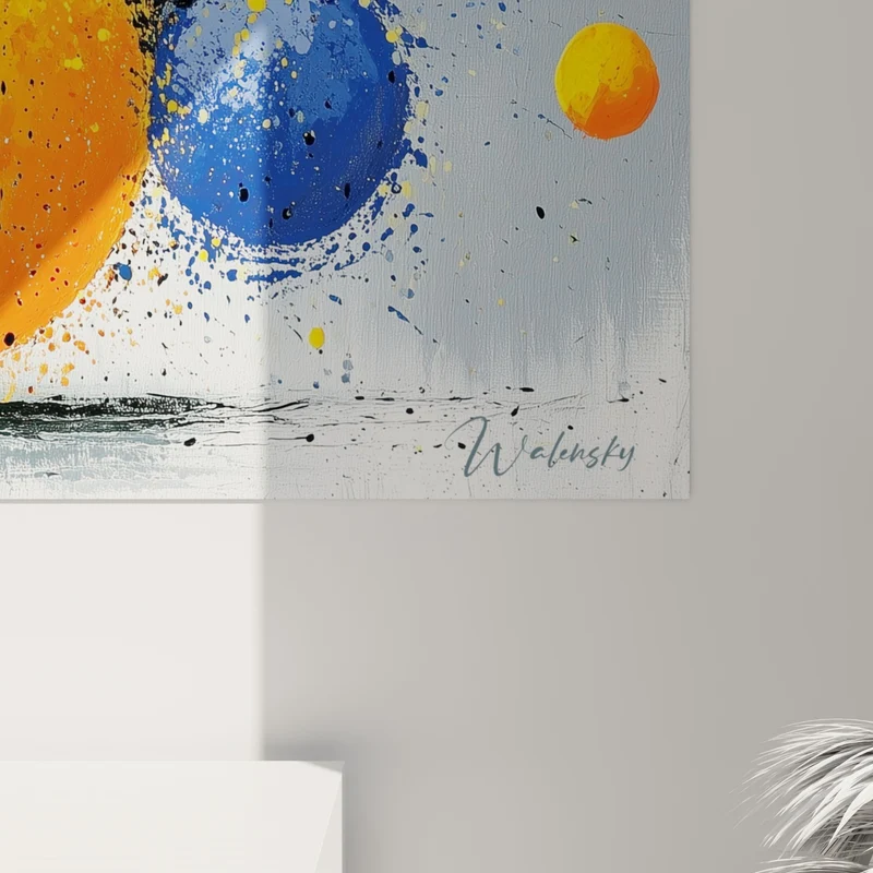 Tableau Sphères orange et bleues éclaboussées - Collision céleste - Edition géometrique abstrait
