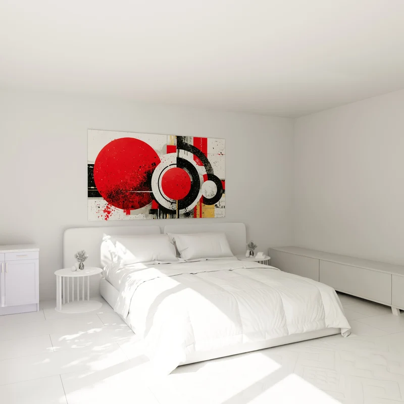 Tableau Cercles rouge et noir éclaboussés - Onde de choc - Edition géometrique abstrait