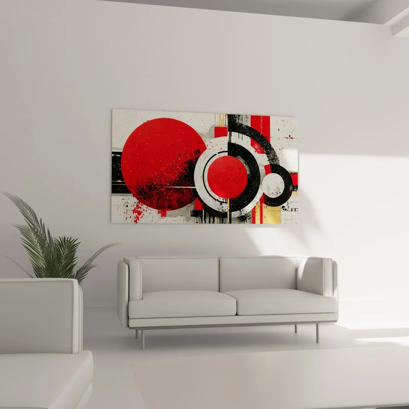 Tableau Cercles rouge et noir éclaboussés - Onde de choc - Edition géometrique abstrait