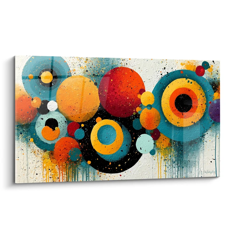 Tableau Cercles bleu sarcelle et orange à éclaboussures - Collision cosmique - Edition géometrique abstrait