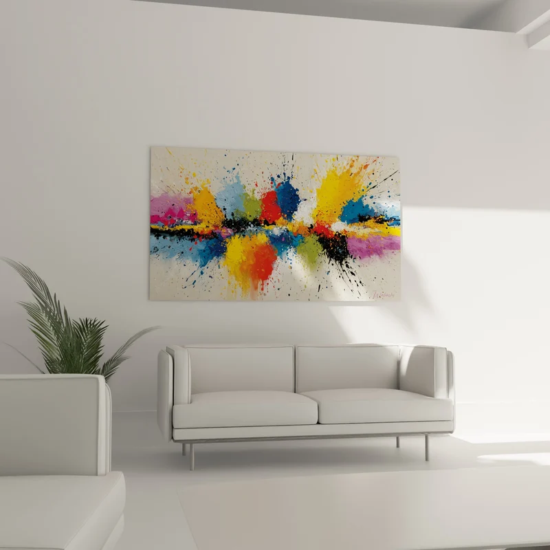 Tableau Explosion picturale bleu et jaune éclatants - Fragmentation joyeuse - Edition Multicolore abstrait