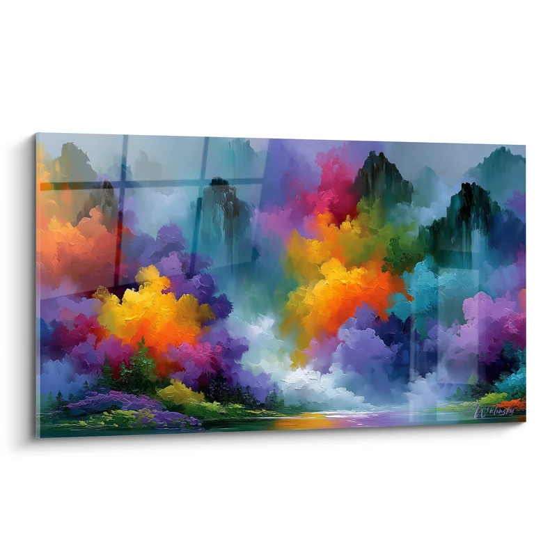 Tableau Montagnes brumeuses aux nuées orange et violettes - Souffle des cimes - Edition Multicolore abstrait