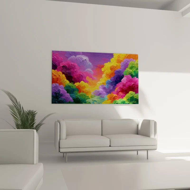 Tableau Nuées végétales pourpre et safran texturées - Éveil du jardin - Edition Multicolore abstrait
