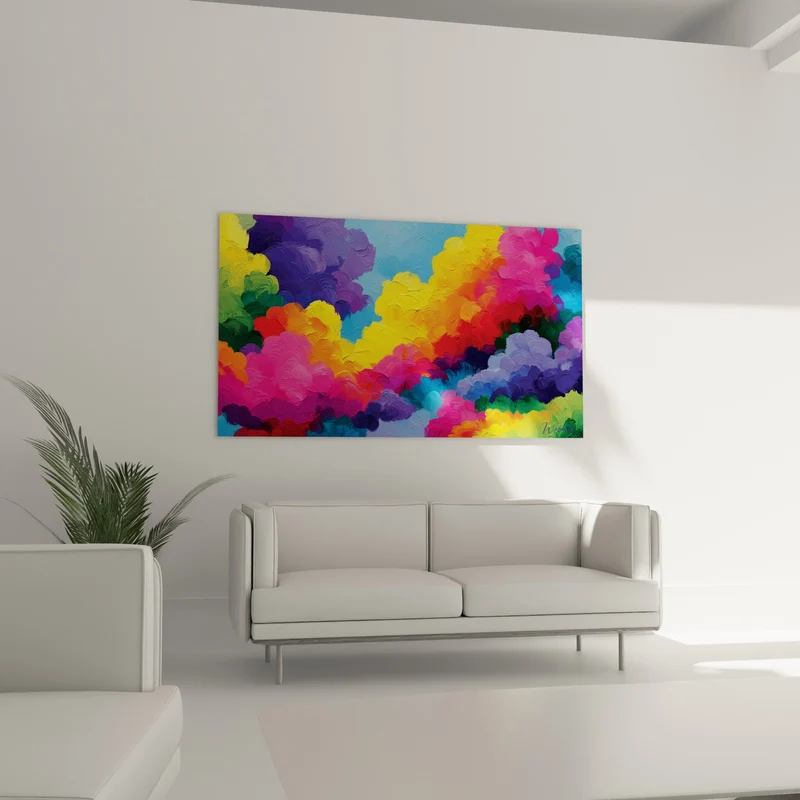 Tableau Nuages fauves aux empâtements roses et jaunes - Ciel en fête - Edition Multicolore abstrait