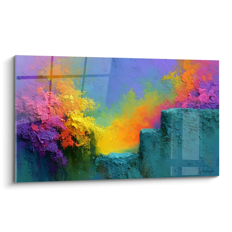 Tableau Explosion florale contre bloc turquoise - Débordement de couleurs - Edition Multicolore abstrait
