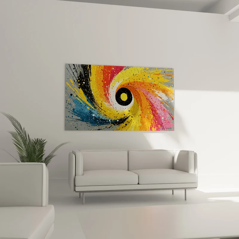 Tableau Vortex jaune et rose au cœur noir - Pupille solaire centrale - Edition Multicolore abstrait