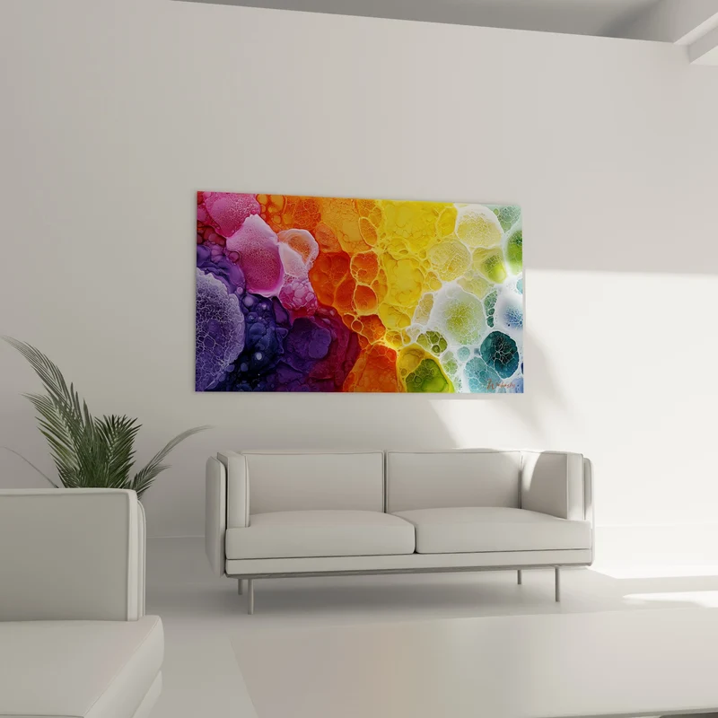 Tableau Bulles violettes et dorées entrelacées - Fusion des teintes - Edition Multicolore abstrait