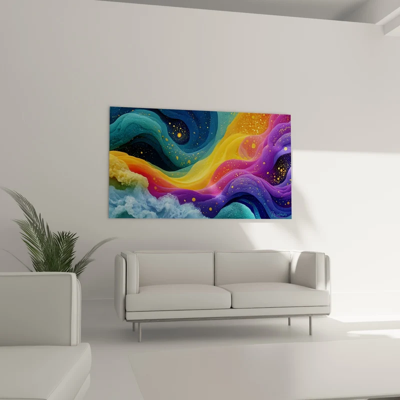 Tableau Vagues fluides bleu turquoise et violet doré - Marée céleste - Edition Multicolore abstrait