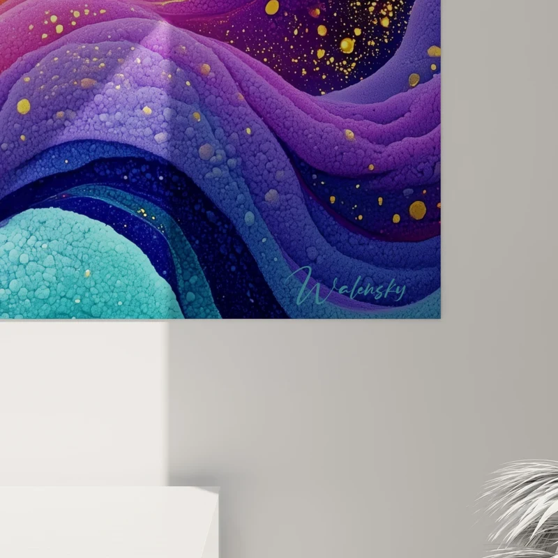Tableau Vagues fluides bleu turquoise et violet doré - Marée céleste - Edition Multicolore abstrait