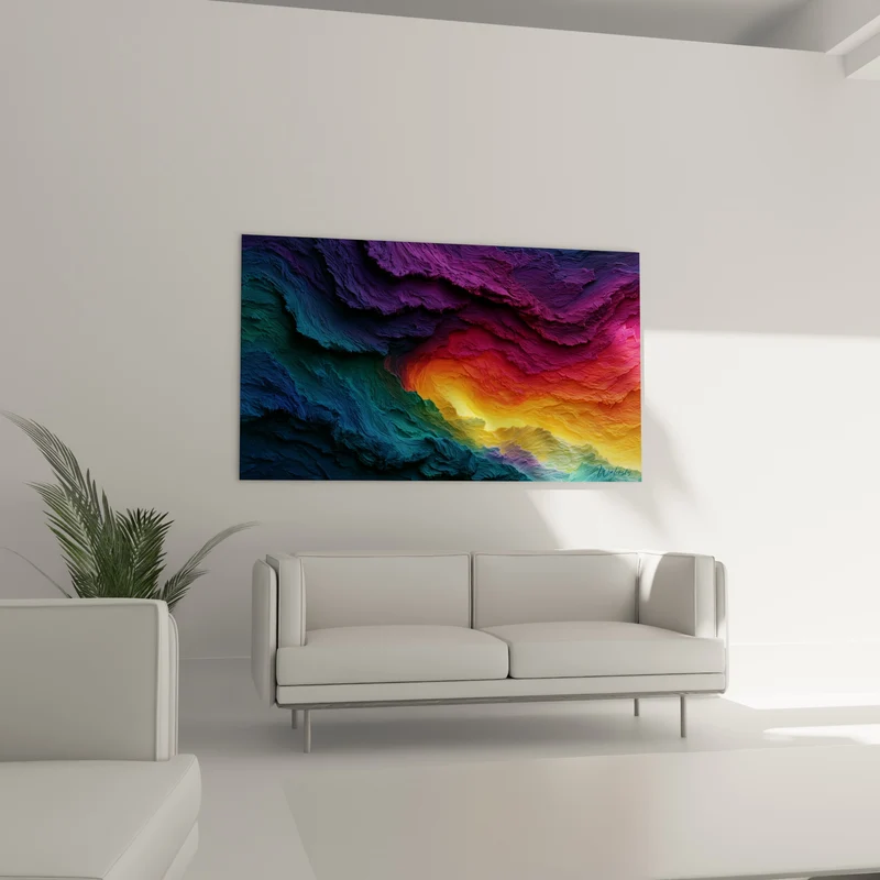 Tableau Vagues de matière violette et turquoise incandescentes - Cratère lumineux central - Edition Multicolore abstrait